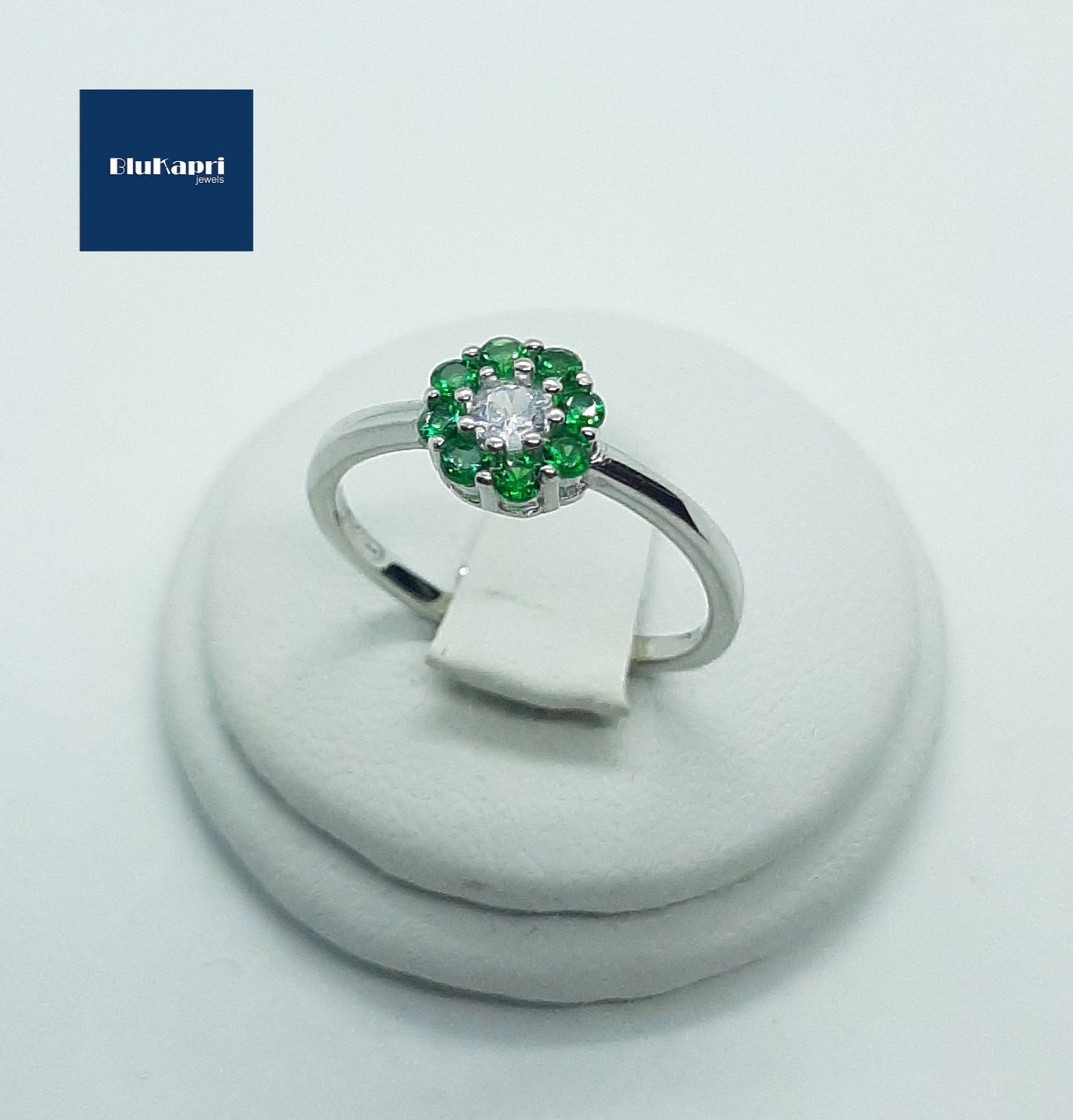 SET DONNA IN ARGENTO CIONDOLO ORECCHINI ED ANELLO ZIRCONI BIANCHI E VERDE