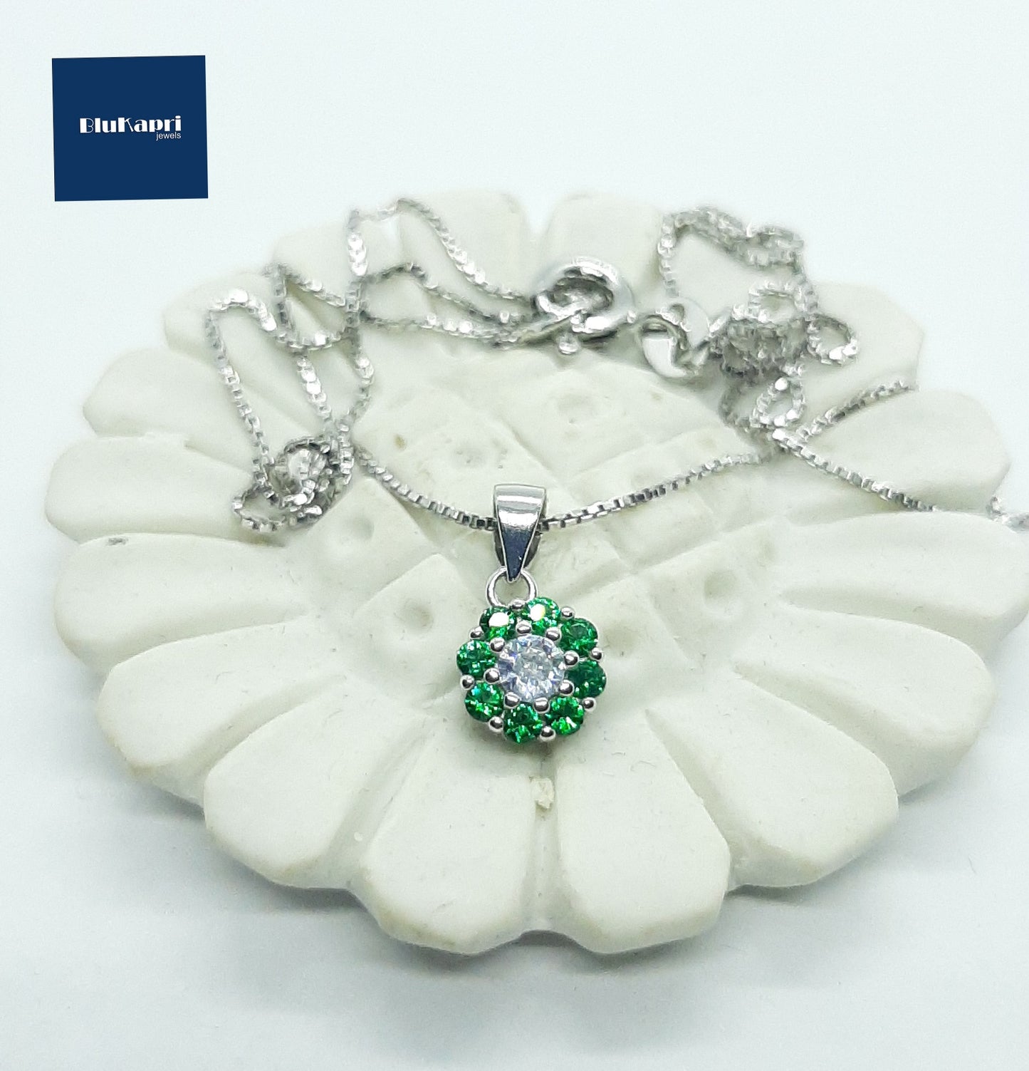 SET DONNA IN ARGENTO CIONDOLO ORECCHINI ED ANELLO ZIRCONI BIANCHI E VERDE