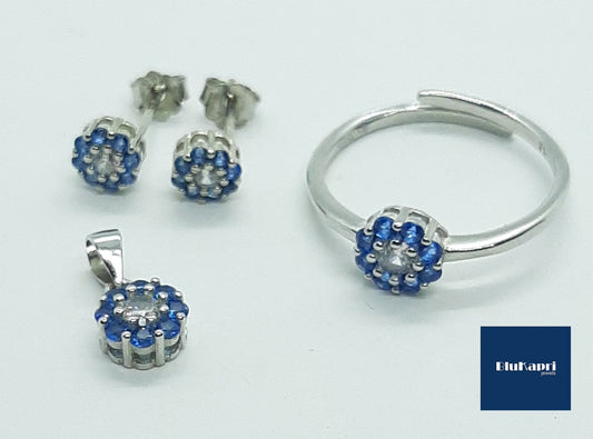 SET DONNA IN ARGENTO CIONDOLO ANELLO E ORECCHINI ZIRCONI BIANCHI E BLU
