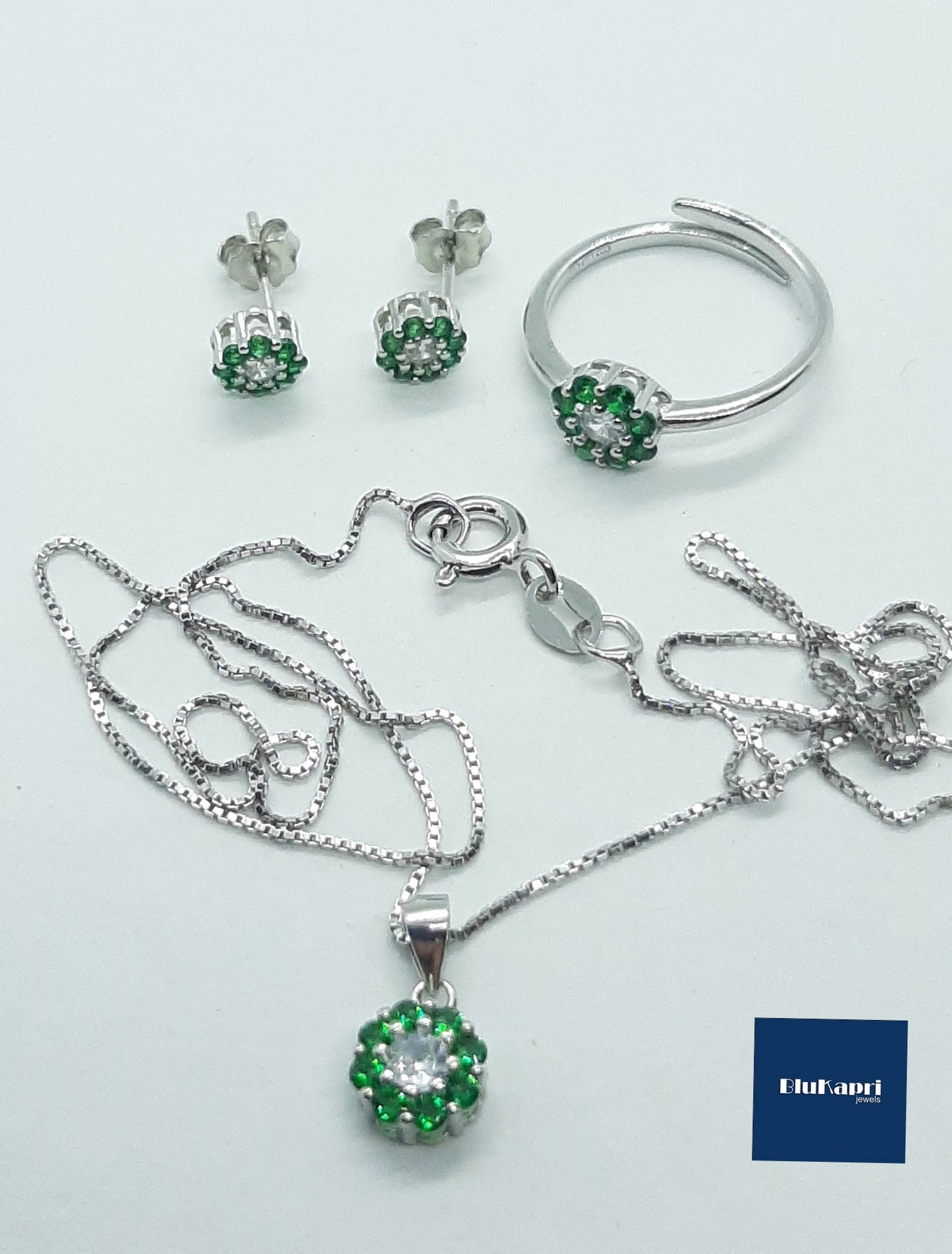 SET DONNA IN ARGENTO CIONDOLO ORECCHINI ED ANELLO ZIRCONI BIANCHI E VERDE