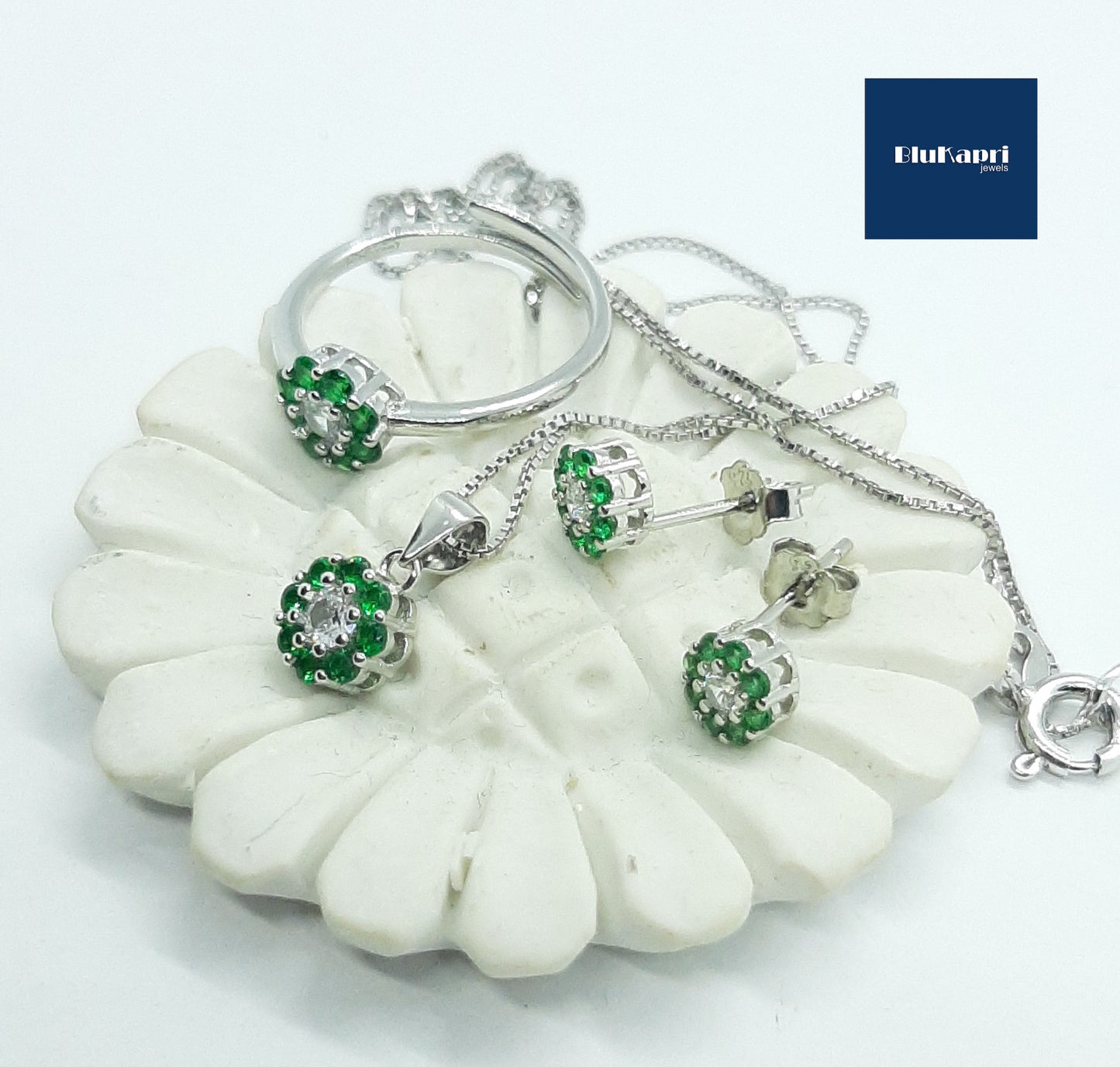 SET DONNA IN ARGENTO CIONDOLO ORECCHINI ED ANELLO ZIRCONI BIANCHI E VERDE