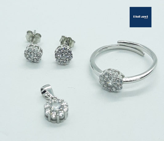 SET DONNA IN ARGENTO 925 CIONDOLO ORECCHINI ANELLO ZIRCONI BIANCHI