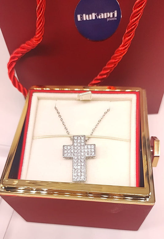 Collana ciondolo croce con box portagioielli con rosa