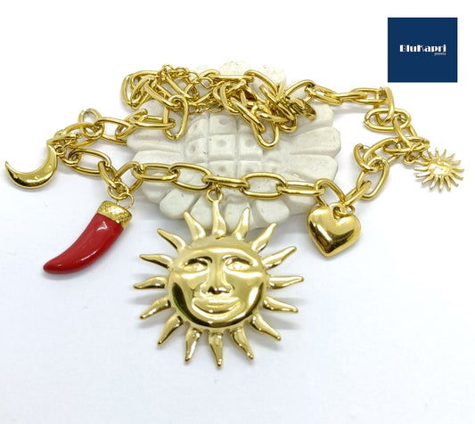 Collana acciaio dorato con ciondoli Sole