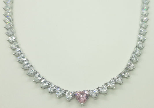 Collana donna tennis cuori bianchi centrale rosa
